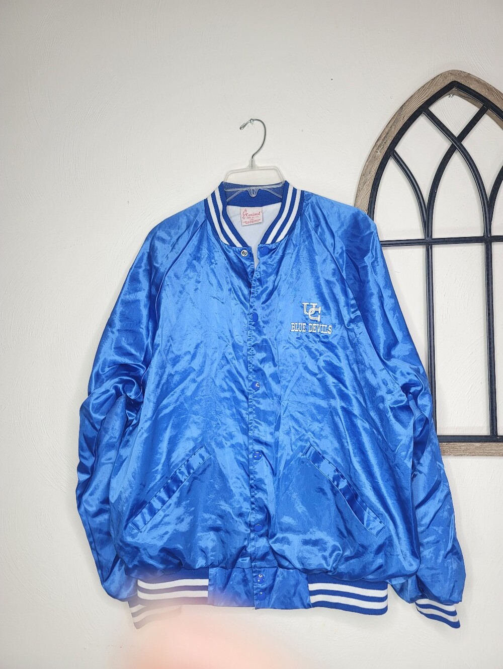 Vintage 1980s Cardinal Blue Devils Satin Varsity Bomber Jacket USA Size XL
